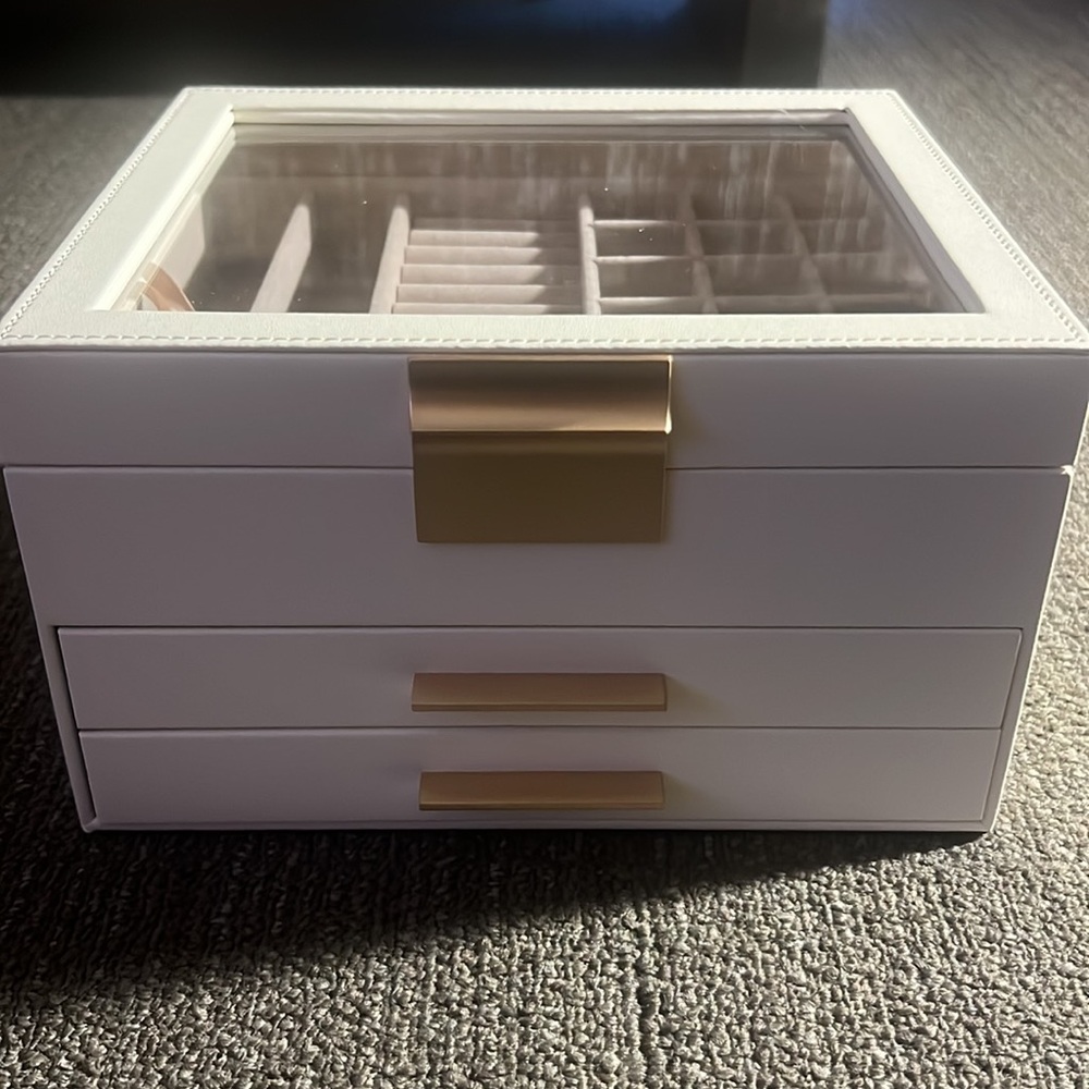 New SONGMICS Jewelry Box with Glass Lid, 3-Layer Jewelry Organizer, 2 Drawers